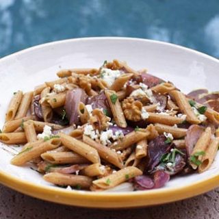 Pasta With Onions, Gorgonzola Cheese And Walnuts