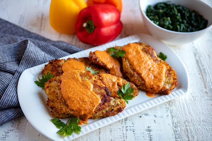 Parmesan Encrusted Chicken Breast Cutlets With Roasted Pepper Sauce
