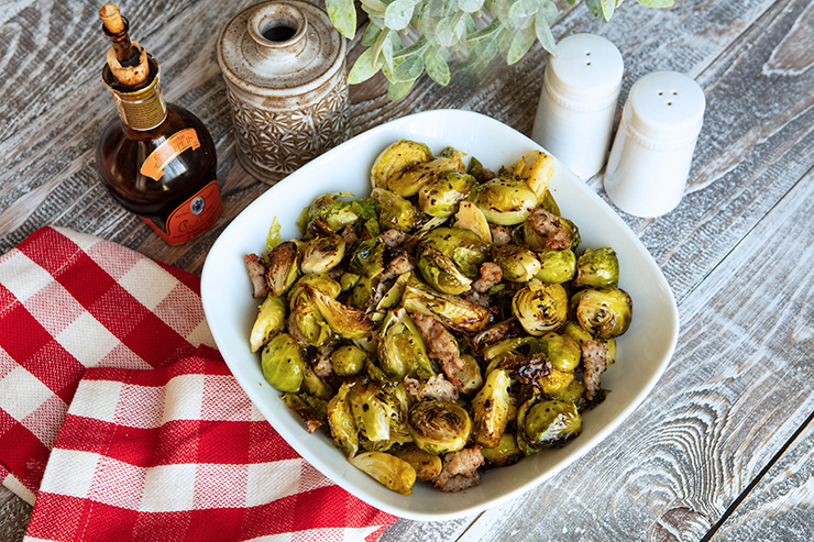 Golden Roasted Brussels Sprouts With Sausage, Garlic, & Balsamic Vinegar
