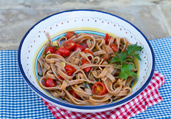 Homemade Farro Fettuccine With Guanciale & Cherry Tomatoes