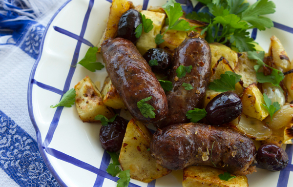 Red Wine Roasted Sausages With Potatoes & Olives