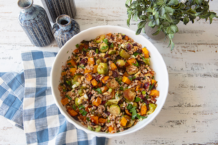 Fall Farro Salad With Roasted Brussels Sprouts, Butternut Squash, Cranberries & Walnuts