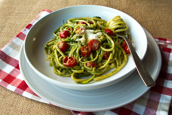 Pasta With Zucchini Ribbons, Pesto, & Cherry Tomatoes