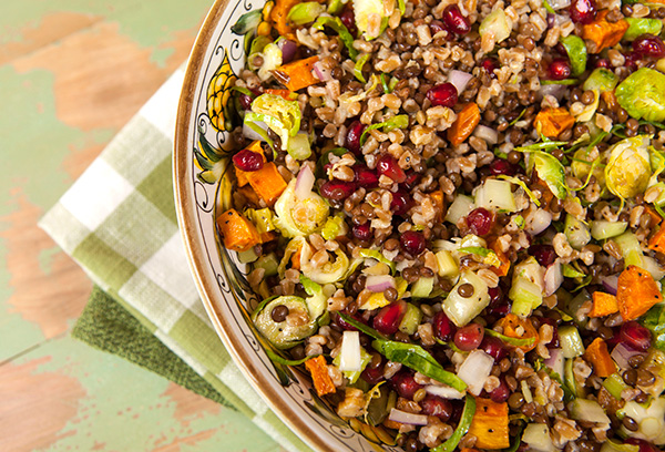 New Year’s Lentil & Farro Salad With Roasted Sweet Potato & Brussels Sprouts