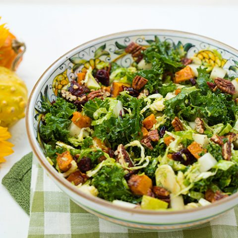 Fall Harvest Salad With Butternut Squash, Kale, Apples, & Cranberries
