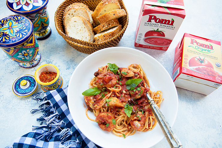 Spaghetti With Shrimp & Artichokes For Pomi Tomatoes