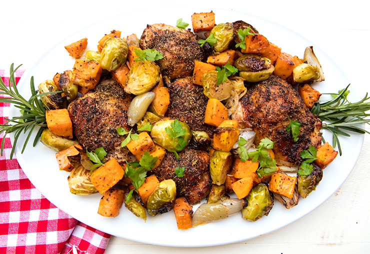 Sheet Pan Roasted Chicken Thighs With Sprouts & Sweet Potatoes