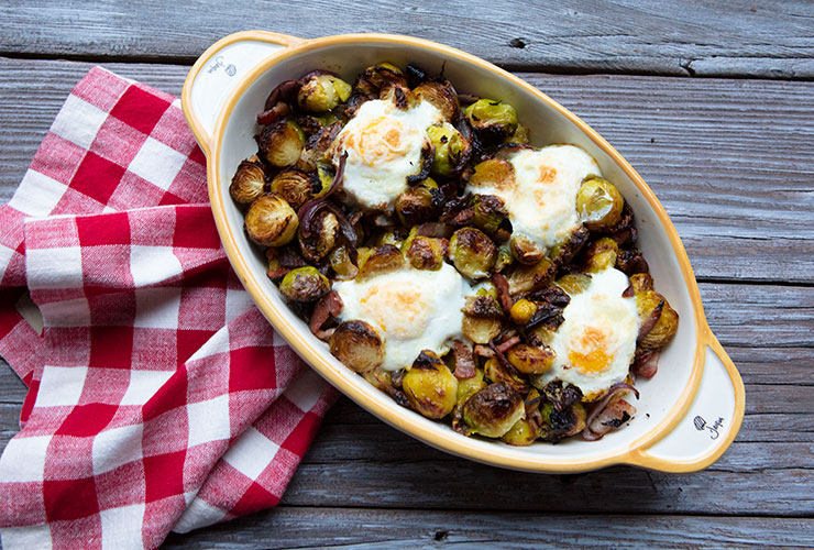 Roasted Brussels Sprouts With Bacon, Onions, & Eggs