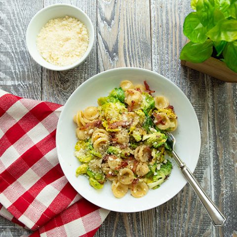 Orecchiette With Charred Sprouts And Creamy Egg & Cheese Sauce
