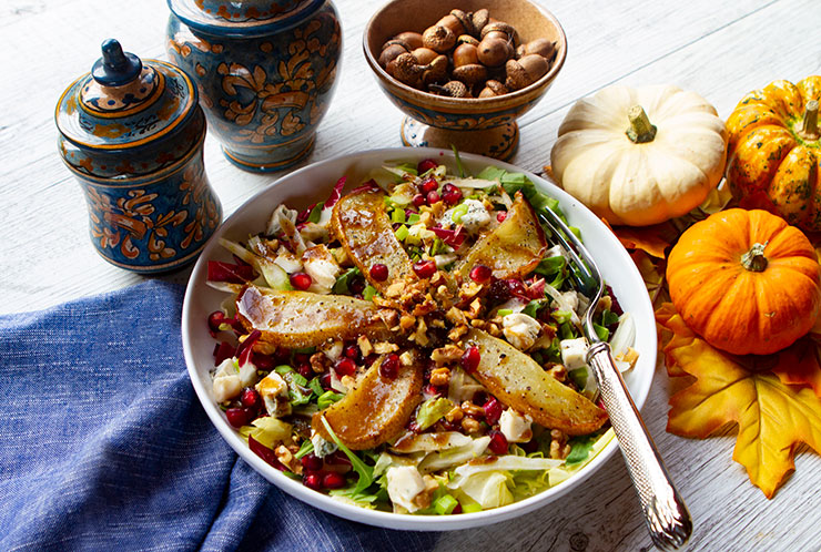 Fall Harvest Salad With Roasted Pears, Bitter Greens, & Gorgonzola