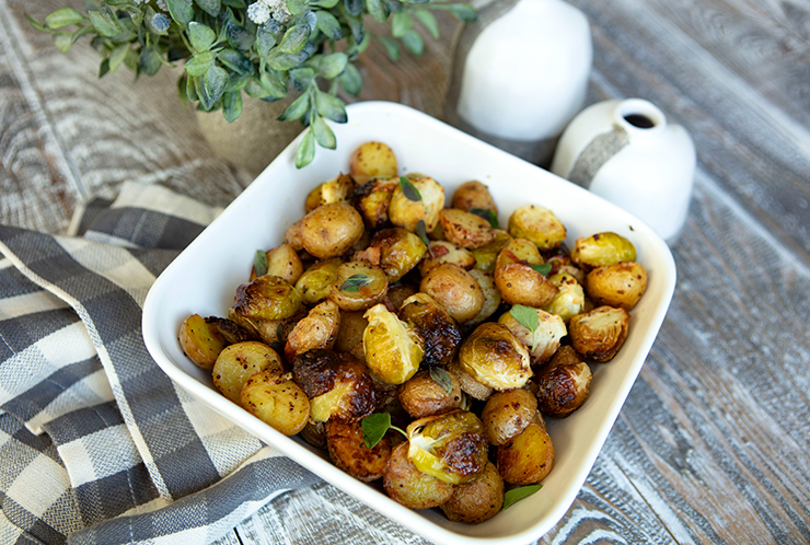 Roasted Baby Potatoes With Brussels Sprouts, Pancetta, & Balsamic Drizzle