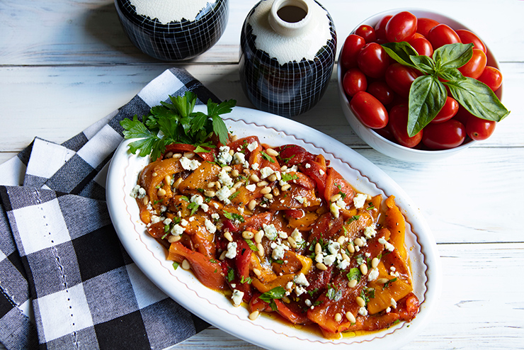 Grilled Peppers With Gorgonzola Crumbles & Pine Nuts