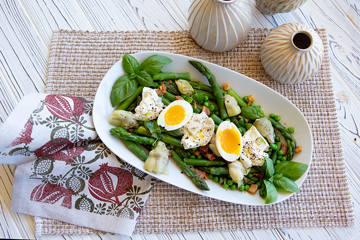 Spring Asparagus, Pea, & Pancetta Salad with Eggs & Burrata