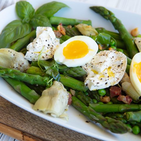 Spring Asparagus, Pea, & Pancetta Salad with Eggs & Burrata