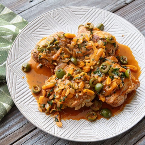Braised Chicken Thighs With Olives & Apricots