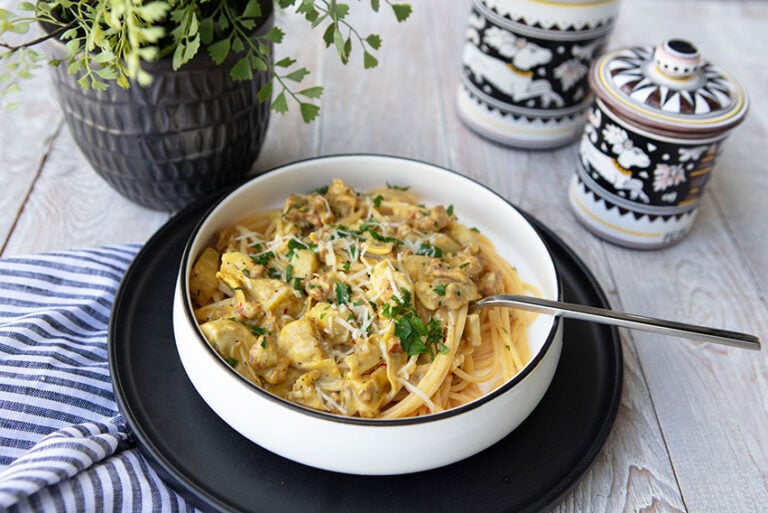 Creamy Spaghetti with Sausage, Artichokes, and Saffron