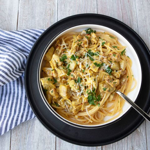 Creamy Spaghetti with Sausage, Artichokes, and Saffron