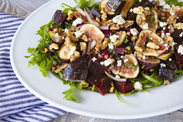 Roasted Beet & Fresh Fig Salad With Arugula & Gorgonzola Crumbles